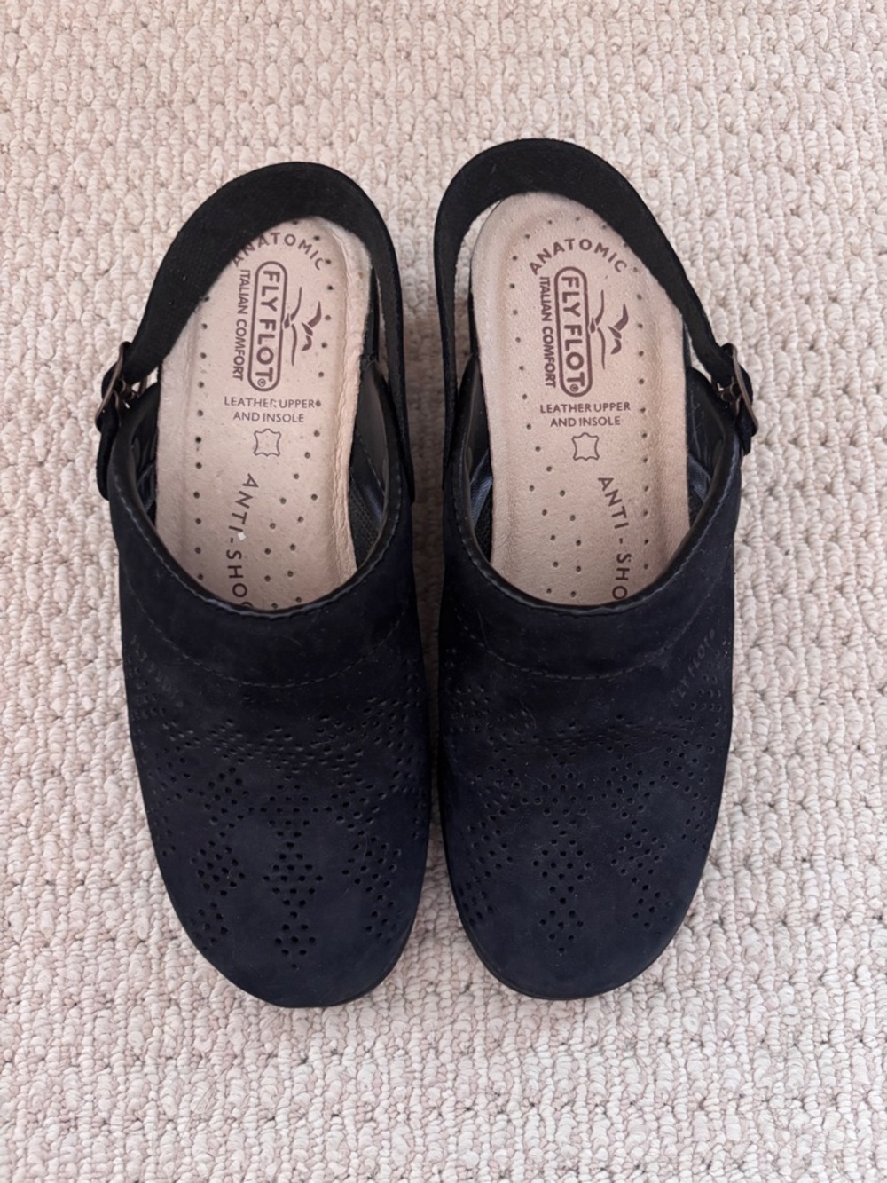 FLY FLOT Italian Comfort Anatomic Leather Slide Sling Back Mule Clog Black Eu 38